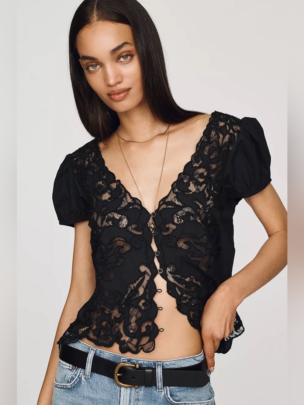 NWT By Anthropologie Lace Puff-Sleeve Top